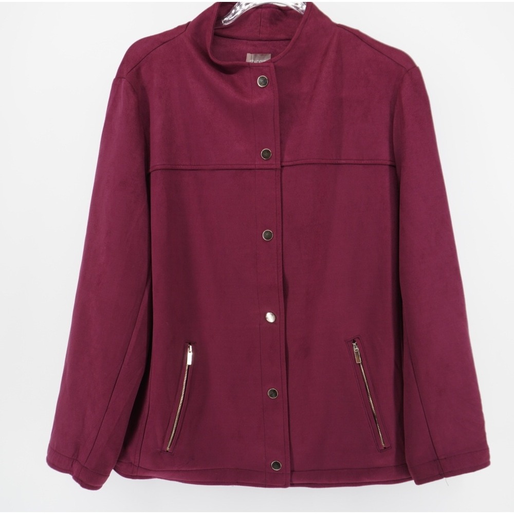 Chicos Faux Suede Jacket Burgundy Wine Snap Front Mock Neck Size 3 XL Careerwear